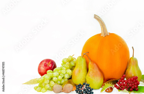 autumn harvest pumpkin  fruits  berries and nuts with yellow leaves