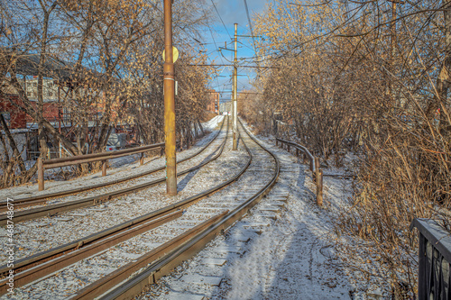 City tram line on a frosty winter day