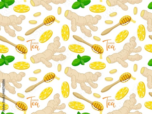 Seamless pattern with hand drawn ginger root, lemon slice, honey, mint leaf. Healthy tea ingredient, alternative medicine. Organic healthy food background for wallpaper, harvest festival, cover design