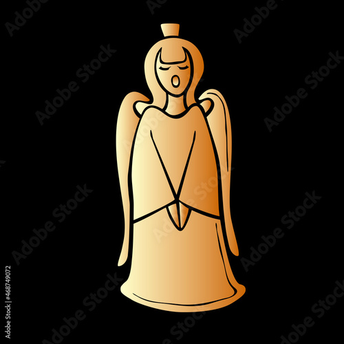 Vector gold toy, decoration in form of singing angel for xmas tree, in flat style. Clipart for Merry Christmas and New Year decor