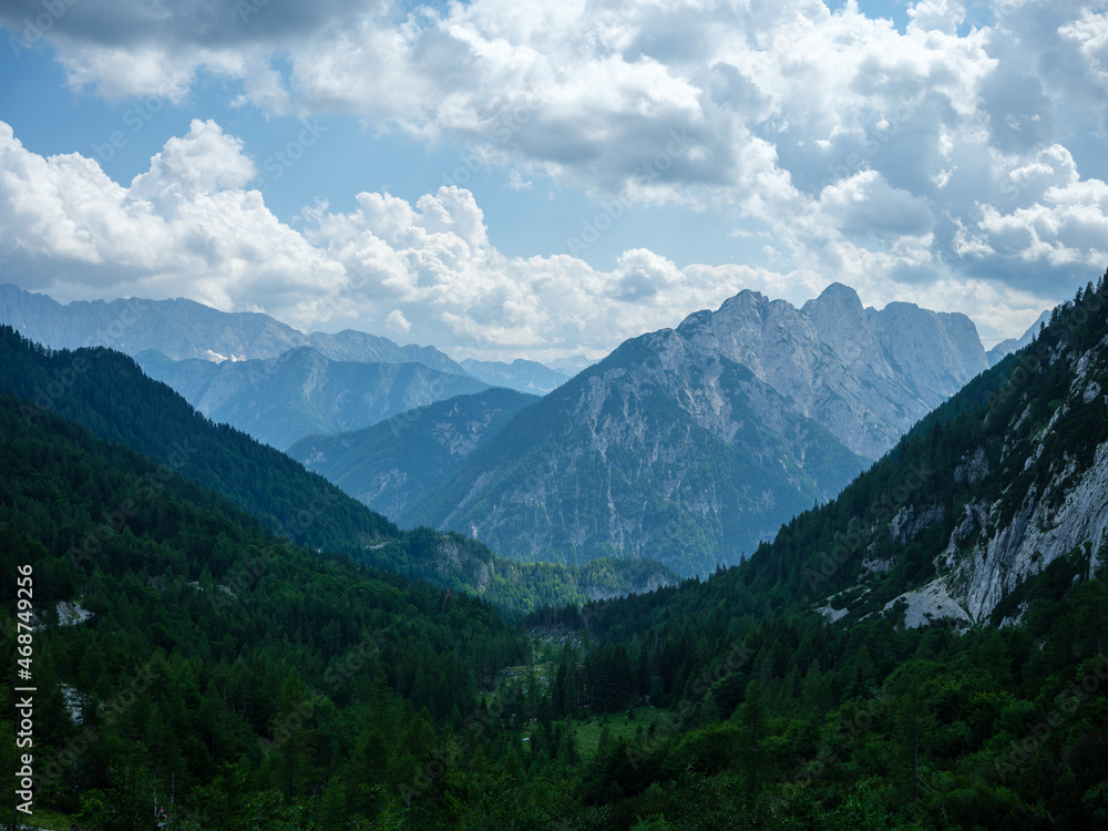 summer mountain tops and peaks under blue cloudy sky in Slovenia national Triglav park