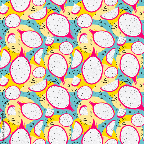 Tropical pitahaya seamless pattern with section dragon fruit on the abstract background. Pitaya vector illustration