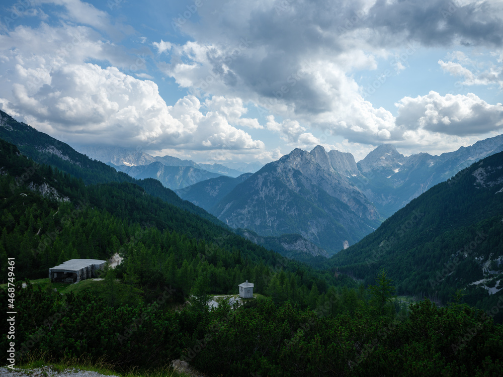 summer mountain tops and peaks under blue cloudy sky in Slovenia national Triglav park