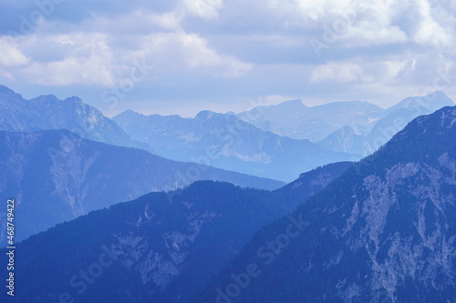 summer mountain tops and peaks under blue cloudy sky in Slovenia national Triglav park