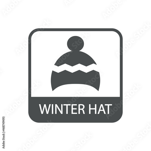 Logotipo con texto Winter Hat en cuadrado gris. Gorro de lana tejida con pompón y líneas. Símbolo de prendas de vestir en exteriores