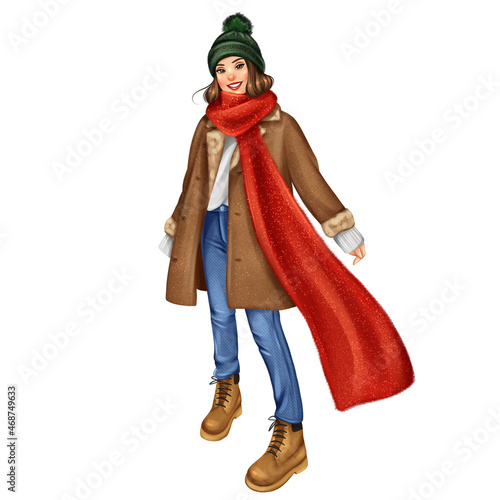 Beautiful girl in the coat and red winter scarf. Hand drawn winter illustration