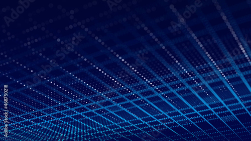 Grid on dark blue background. Abstract technology shape. 3d wireframe landscape. Perspective. 3d rendering