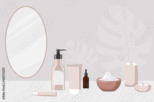 Cosmetic table with cosmetics, candles, bath salt. Wall with natural decor and oval mirror. Home Skin and Body Care. Bathroom accessories. Flat vector illustration for cosmetic skin care concept.