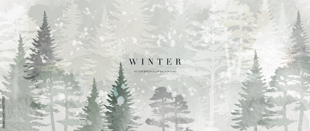 Winter background vector. Hand painted watercolor and gold brush texture, Mountain with snow, pine forest hand drawing. Design for wallpaper, wall arts, cover, wedding and  invite card.  