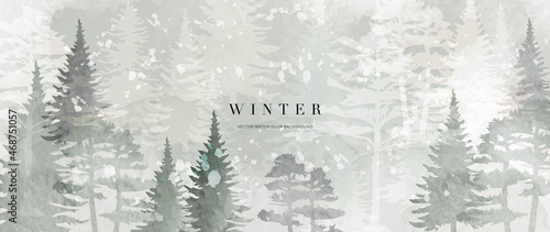Winter background vector. Hand painted watercolor and gold brush texture, Mountain with snow, pine forest hand drawing. Design for wallpaper, wall arts, cover, wedding and  invite card.  