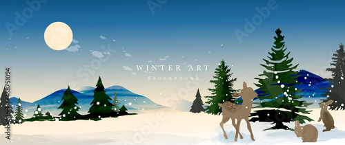 Winter background vector. Hand painted watercolor and gold brush texture, Mountain with snow, pine forest and deer hand drawing. Design for wallpaper, wall arts, cover, wedding and  invite card.