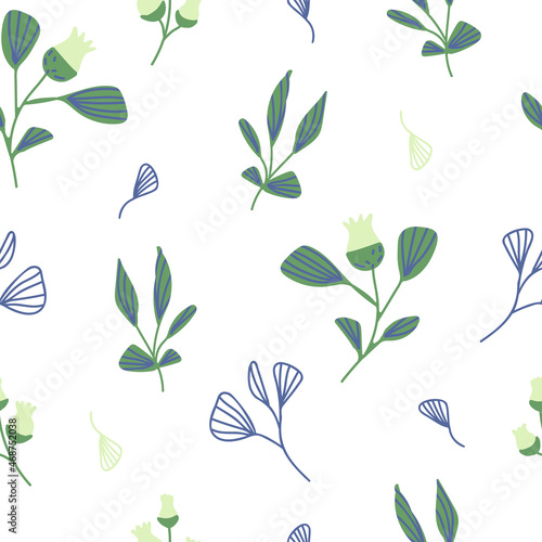 Seamless pattern with simple doodle-style plants.Vector illustration with spring lilies of the valley. For printing on fabric  for the background on the website with children s goods.