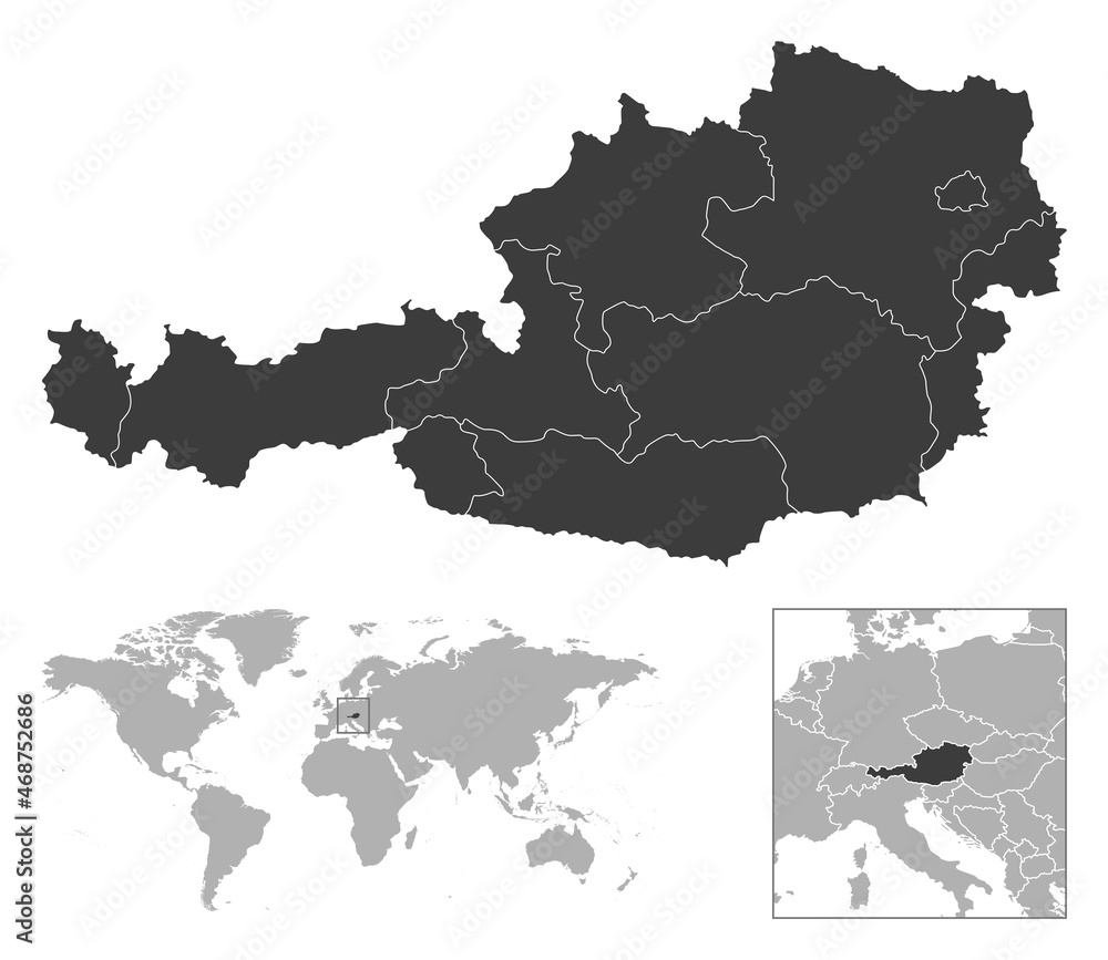 Austria - detailed country outline and location on world map.