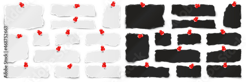 Ripped paper strips with red push pins. Realistic crumpled paper scraps with torn edges. Shreds of notebook pages. Vector illustration.