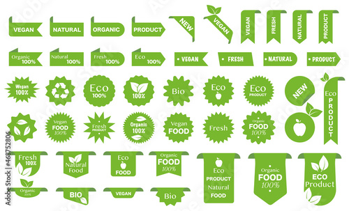 Vegan labels set. Eco, vegan, organic green tags. Nature vegetarian food. Healthy natural products stickers or labels. Vector illustration.