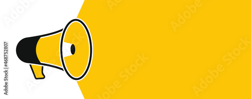 Loudspeaker, megaphone or bullhorn on yellow background. Empty banner template for promotion design. Vector illustration.