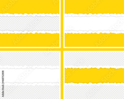 Ripped squared paper strips. Torn edge page horizontal template. Torn paper stripes on yellow background. Vector illustration.