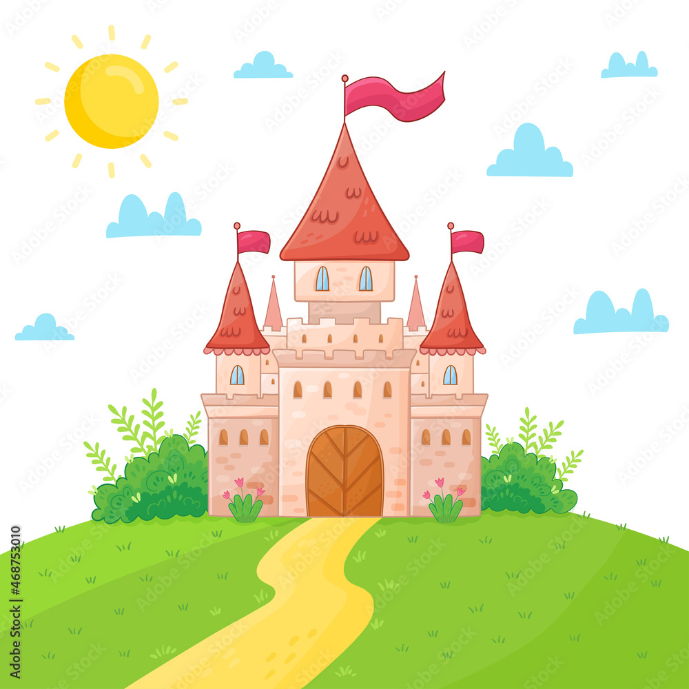 Cartoon fairy tale castle in a green meadow. Vector illustration in a cartoon style.