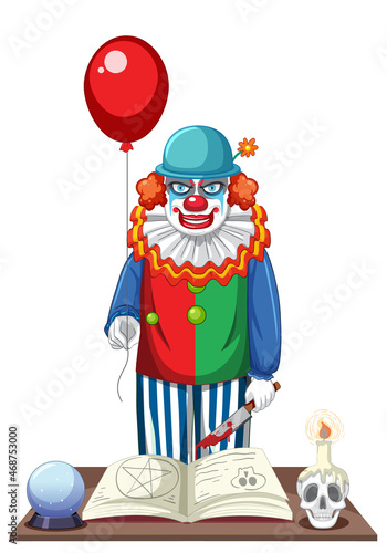 Creepy clown holding balloon on white background