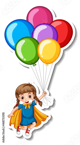 Sticker template with a girl holding many balloons isolated