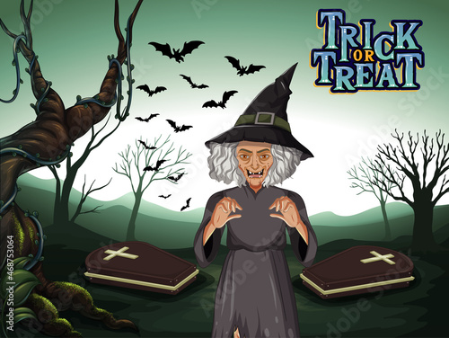Dark forest scene with wicked old witch