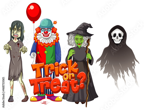 Trick or Treat text design with Halloween ghost characters