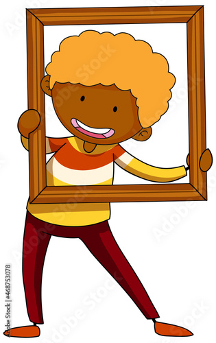 A boy holding wooden picture frame doodle cartoon character