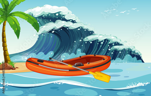 Beach scene with inflatable boat on sea wave