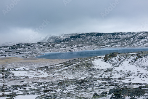 Wallpaper Mural Iceland blue lake Heidharvatn with snow covered mountains and fog Torontodigital.ca