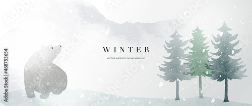 Winter background vector. Hand painted watercolor and gold brush texture, Mountain with snow, pine forest and bear hand drawing. Design for wallpaper, wall arts, cover, wedding and  invite card.  