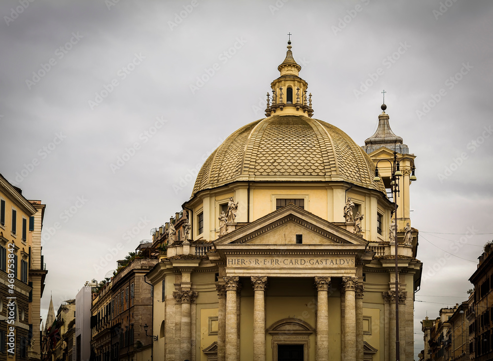Front view of Santa Maria in Montesanto church in Piazza del Popolo (People's Square), Rome, Italy