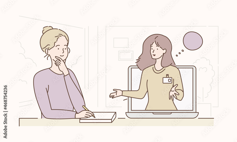 E-learning, online education, online course concept, home school, woman teacher teaching students on laptop computer screen, distance learning, new normal, vector hand drawn illustration E-learning, online education, online course concept, home school, woman teacher teaching students on laptop computer screen, distance learning, new normal, vector hand drawn illustration
