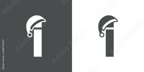 Logotipo con letra inicial I con silueta de sombrero de Papá Noel en fondo gris y fondo blanco, para su uso en invitaciones y tarjetas de felicitación