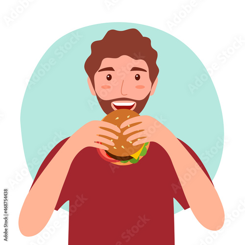 Hungry guy eating hamburger in flat design on white background.