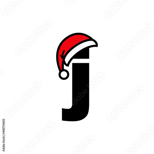Logotipo con letra inicial J con silueta lineal de sombrero de Papá Noel en color negro y rojo, para su uso en invitaciones y tarjetas de felicitación