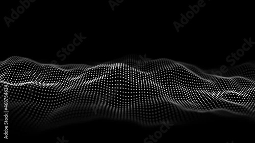 Futuristic digital wave. Dark cyberspace. Abstract wave with dots and line. White moving particles on a black background. 3d rendering.