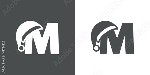 Logotipo con letra inicial M con silueta de sombrero de Papá Noel en fondo gris y fondo blanco, para su uso en invitaciones y tarjetas de felicitación