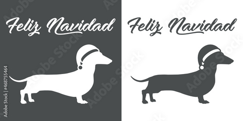 Banner con frase Feliz Navidad en español con silueta de perro de raza dachshund con sombrero de Papá Noel en fondo gris y fondo blanco