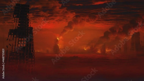 Apocalypse series. Red skies and burning cities, covered by fires, smoke and flying debris. Disaster, nuclear war or asteroid impact landscape. Cinematic, filmic scene.