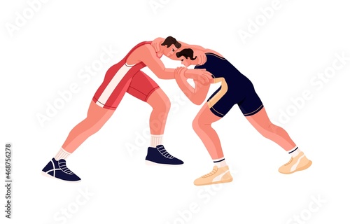 Wrestling match of two strong fighters. Fight between freestyle wrestlers. Sports opponents competing in battle. Men athletes at tournament. Flat vector illustration isolated on white background