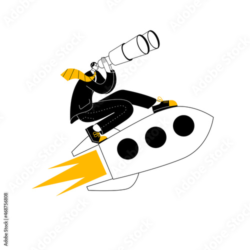 A young man in a business suit with binoculars is flying on a rocket. Vector illustration about the search for a successful idea.