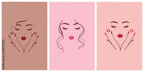 Set of elegant logo for a beauty salon, nail studio. Line woman portrait with hands. Bright lips and manicure