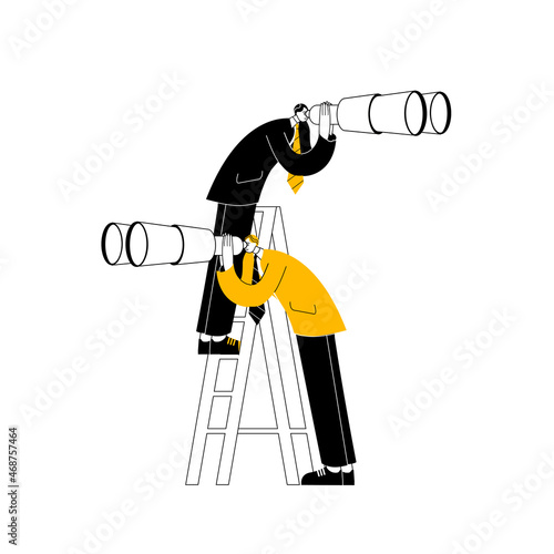 Top managers of companies in business suits look through binoculars. Vector illustration on the topic of finding new markets or strategic planning.