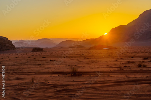 Sunset view of a sands and cliffs, in Wadi Rum