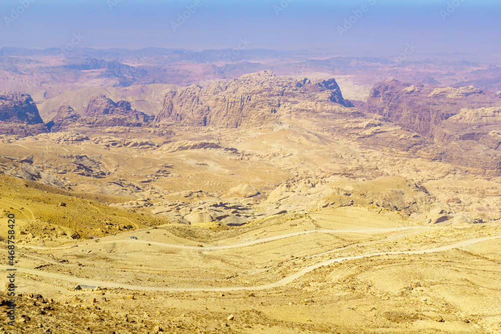 Desert mountain landscape along the King highway, in Southern Jordan