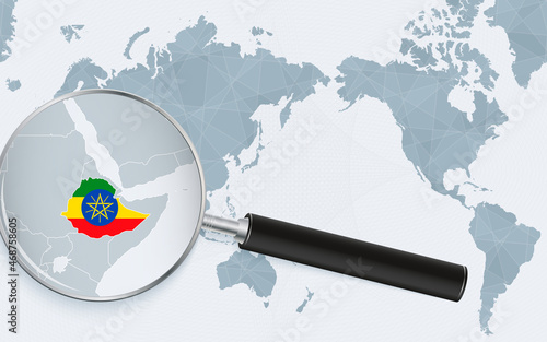 Asia centered world map with magnified glass on Ethiopia. Focus on map of Ethiopia on Pacific-centric World Map.