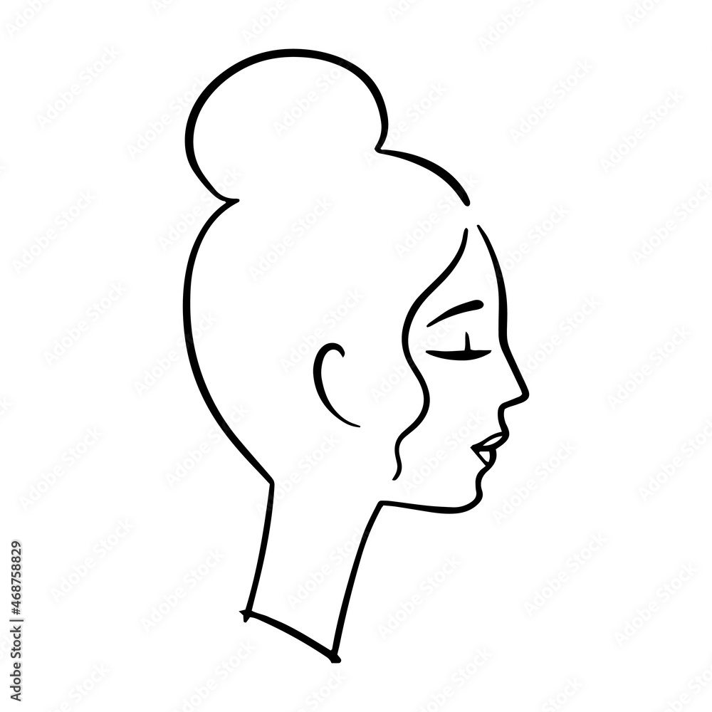 Woman romantic portrait, hair bun. Hand drawn style. Simple logo for beauty products