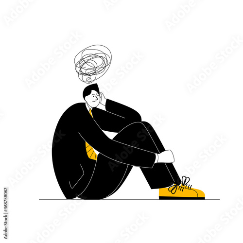 A thoughtful man in a business suit sits immersed in his thoughts. Vector illustration on the topic of psychological assistance in business.