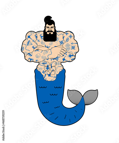 Mermaid man isolated. Brutal underwater dweller. vector illustration