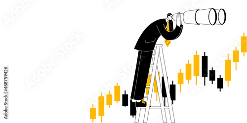 A young man in a business suit looks from a stepladder through binoculars at a Forex chart. A conceptual illustration on the topic of strategic planning in trading on the stock exchange.